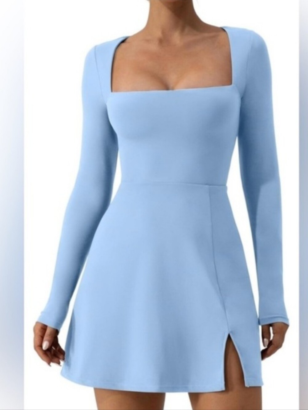 Light Blue Long-Sleeve Square Neck Mini Dress